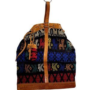 Vintage 80s Boho Bag Woven Cat Pattern Primary Colors Leather Trim Coin Purse